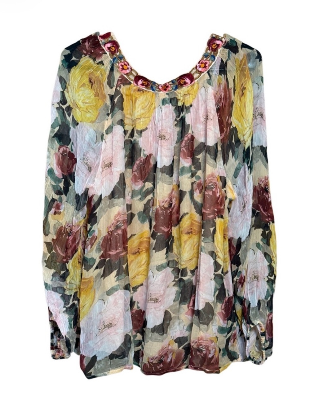 Sundance Cupro Floral Embroidered Boho Blouse Lined Sheer Sleeve Medium - Picture 3 of 5